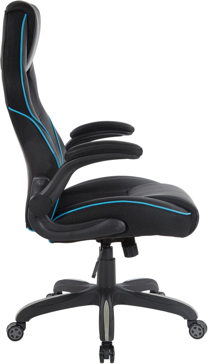 OSP Home Furnishings Xeno Ergonomic Adjustable Faux Leather Gaming Chair with Integrated Headrest and Airflow Cooling Material, Black with Blue Accents