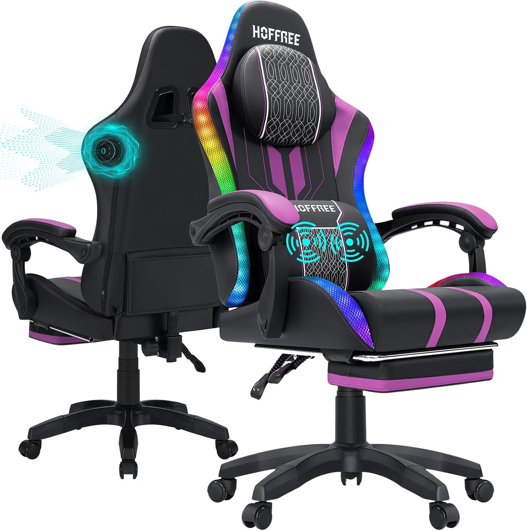 HOFFREE Led Gaming Chair Massage with Speakers Big and Tall Video Game Chair with Footrest for 400lbs Reclining High Back Computer Desk Chair Purple and Black