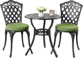 NUU GARDEN 3-Piece Patio Bistro Set Outdoor Cast Aluminum Bistro Table and Chairs Set of 2, Outdoor Patio Bistro Set with Umbrella Hole and Green Cushions for Patio Balcony, Black