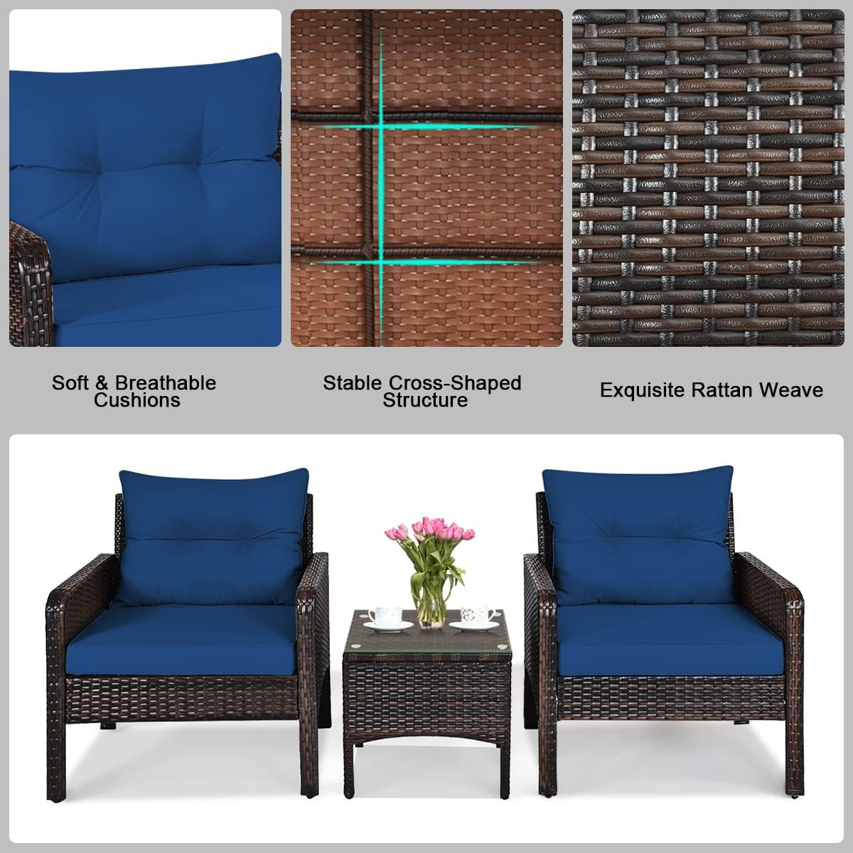 HAPPYGRILL 3 Piece Patio Conversation Set Outdoor Rattan Wicker Furniture Set with Coffee Table & Chairs Patio Bistro with Seat Cushions for Garden Balcony Backyard Poolside