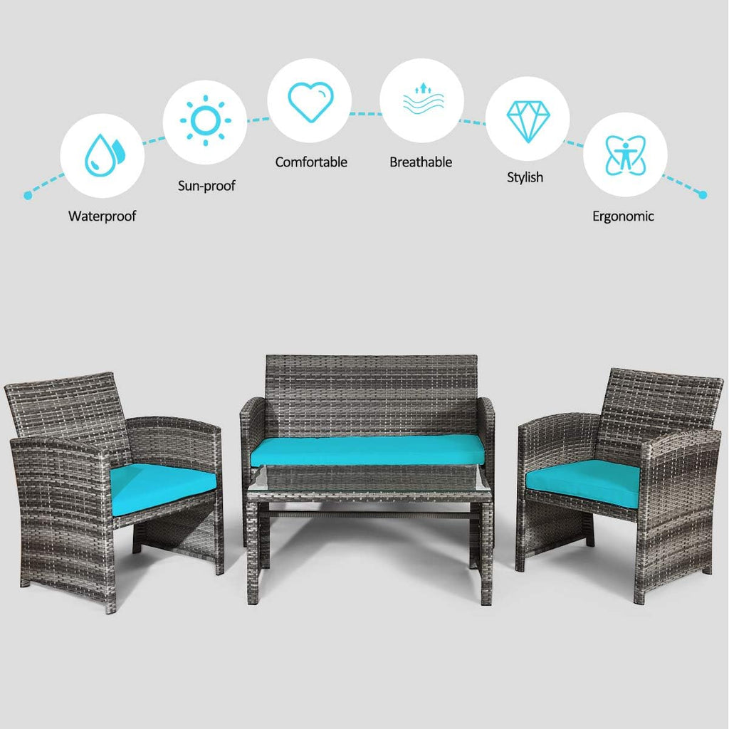 COSTWAY Patio Furniture Set 4 Pieces, Outdoor Wicker Chairs Sofa w/Coffee Table and Soft Cushions, Rattan Conversation Sets for Patio Lawn Backyard Yard Pool Garden, Turquoise
