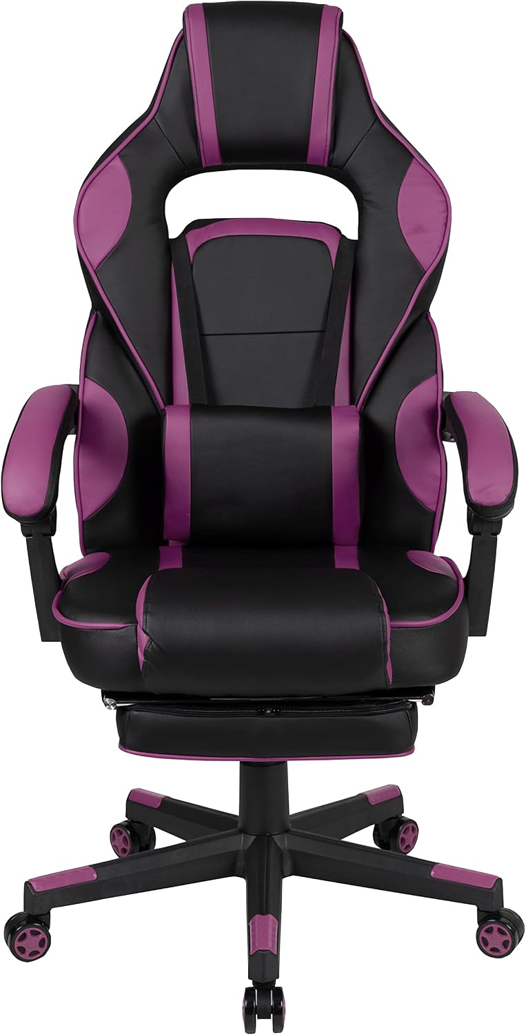 EMMA + OLIVER Black/Purple Ergonomic Gaming Chair -Recline Back/Arms, Footrest, Massaging Lumbar