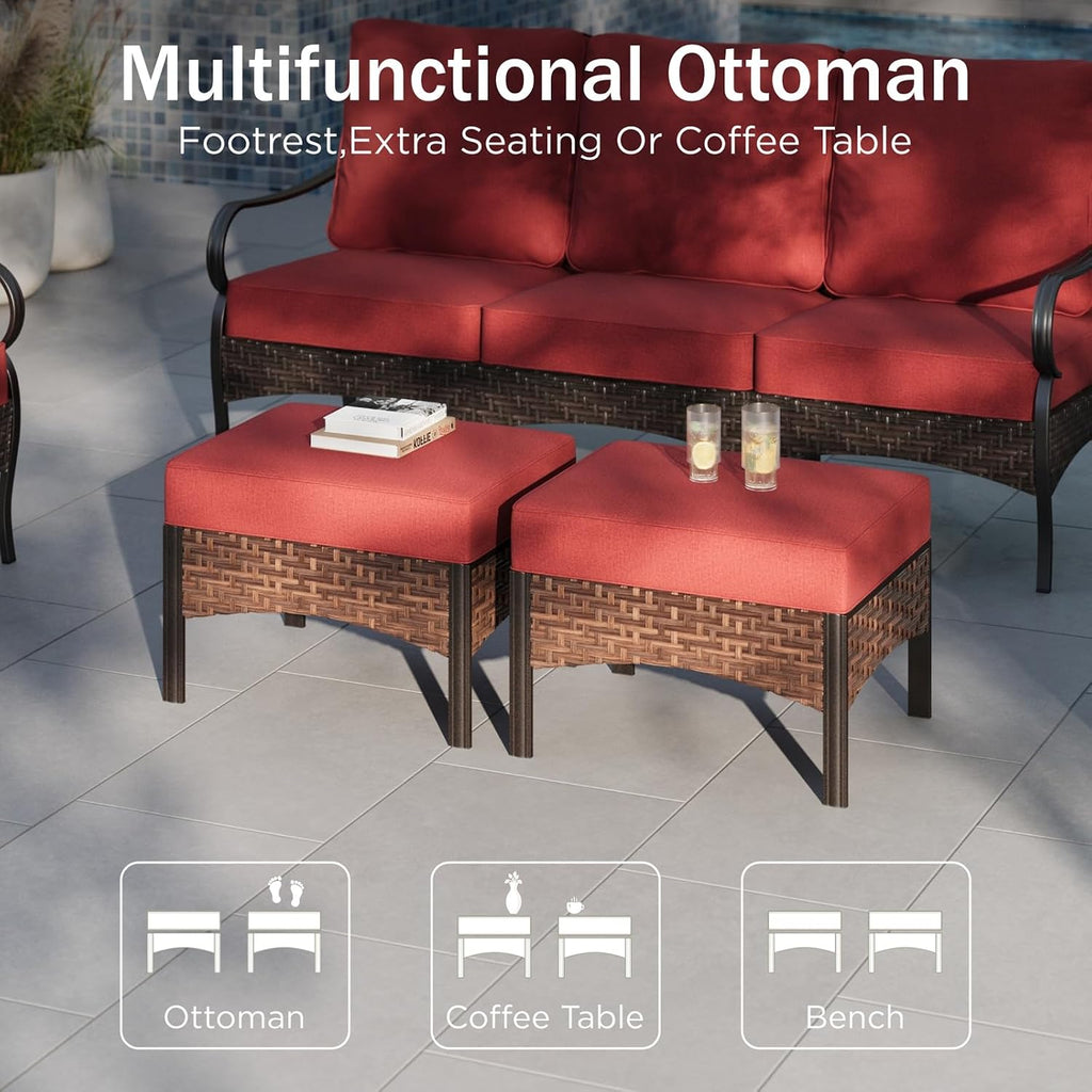 PHI VILLA Patio Furniture Set, Upgraded Wicker & Metal Modern Outdoor Conversation Sets Patio Sectional Fixed Chair Set with Coffee Table & Waterproof Thick Cushions for Porch, Deck(6 Pieces, Red)