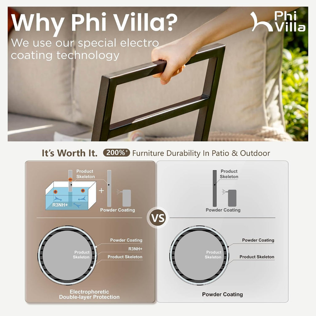 PHI VILLA 6 Pieces Outdoor Patio Furniture Set,Metal Frame Modern Outdoor Sectional Sofa Set,6 Seats Patio Conversation Sets with Coffee Table&Thickened Cushion,for Poolside and Backyard,Light Grey