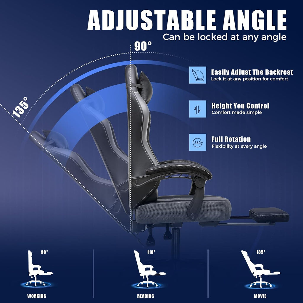 GTPLAYER Gaming Chair with Footrest, Recliner Chair with Headrest & Lumbar Support, Linkage Armrest,Ergonomic Gaming Chair, High Back Office Home, Grey
