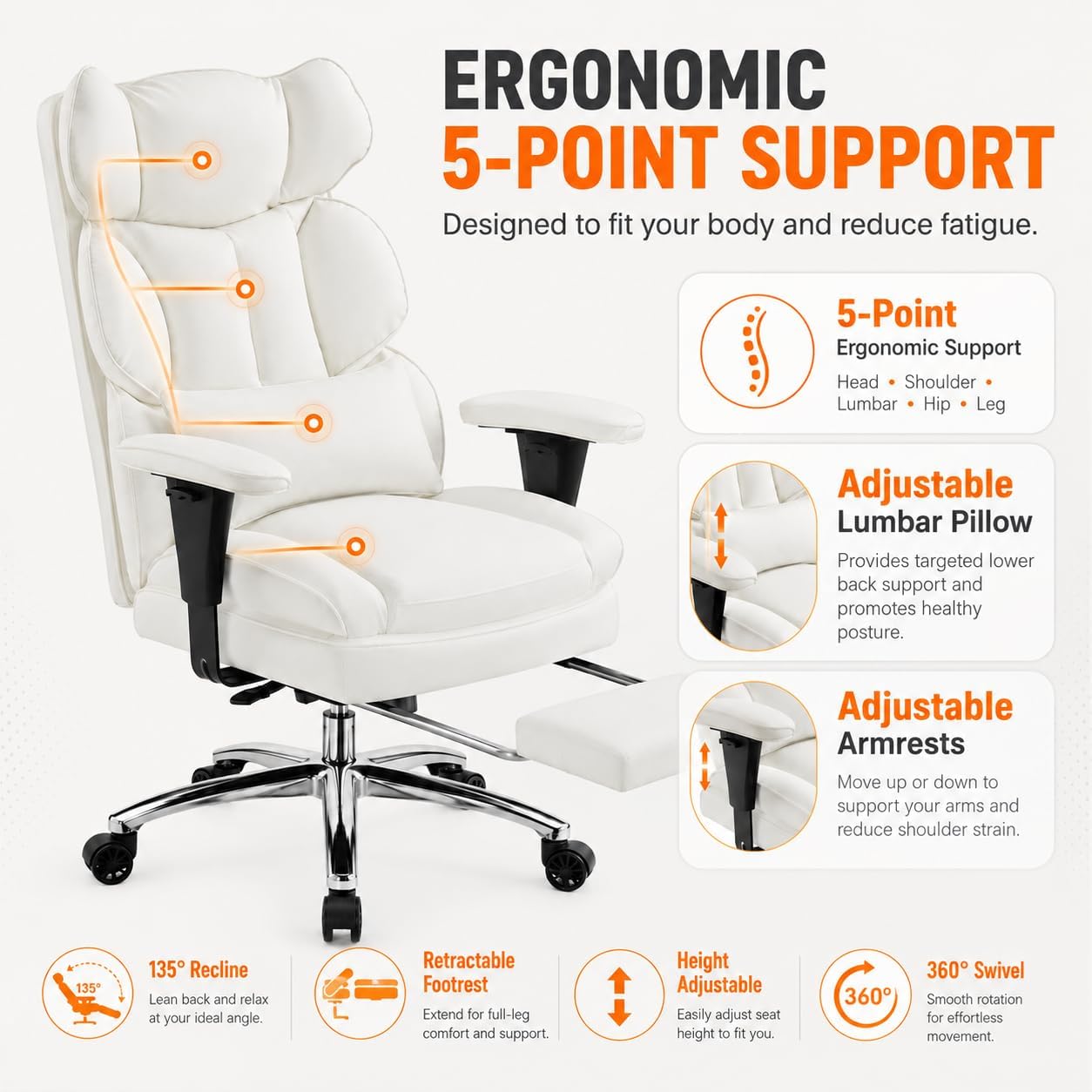Big and Tall Ergonomic Office Chair with Footrest, Executive High Back PU Leather Desk Chair, Reclining Computer Chair with Adjustable Lumbar Support and Armrests, Swivel Rolling Gaming Chair, Beige
