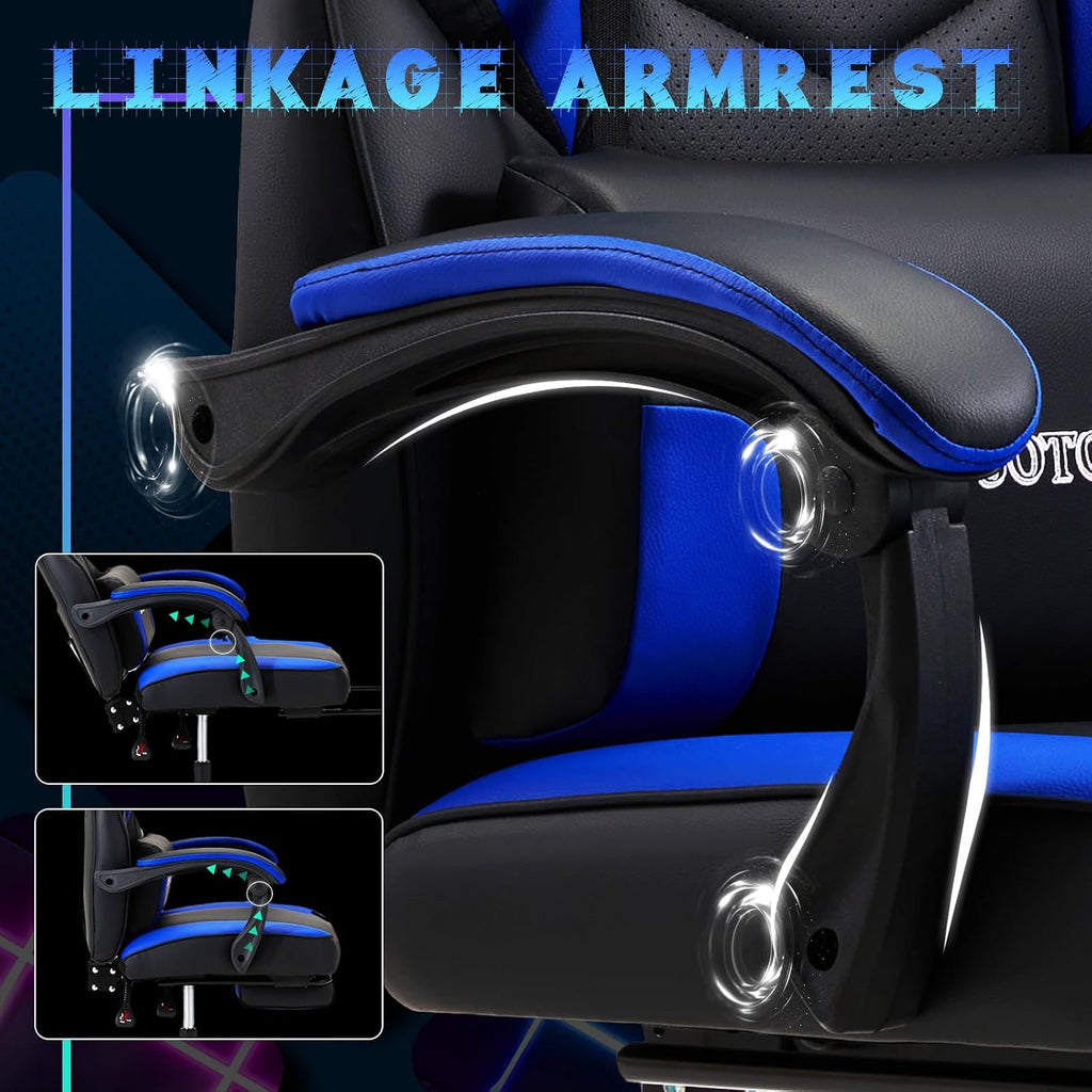 ECOTOUGE Gaming Chair with Footrest, Big and Tall Silla Gamer with Massage Lumbar Support, Ergonomic Gamer Chair with Reclining High Back, 360° Swivel Gaming Computer Chair, Blue