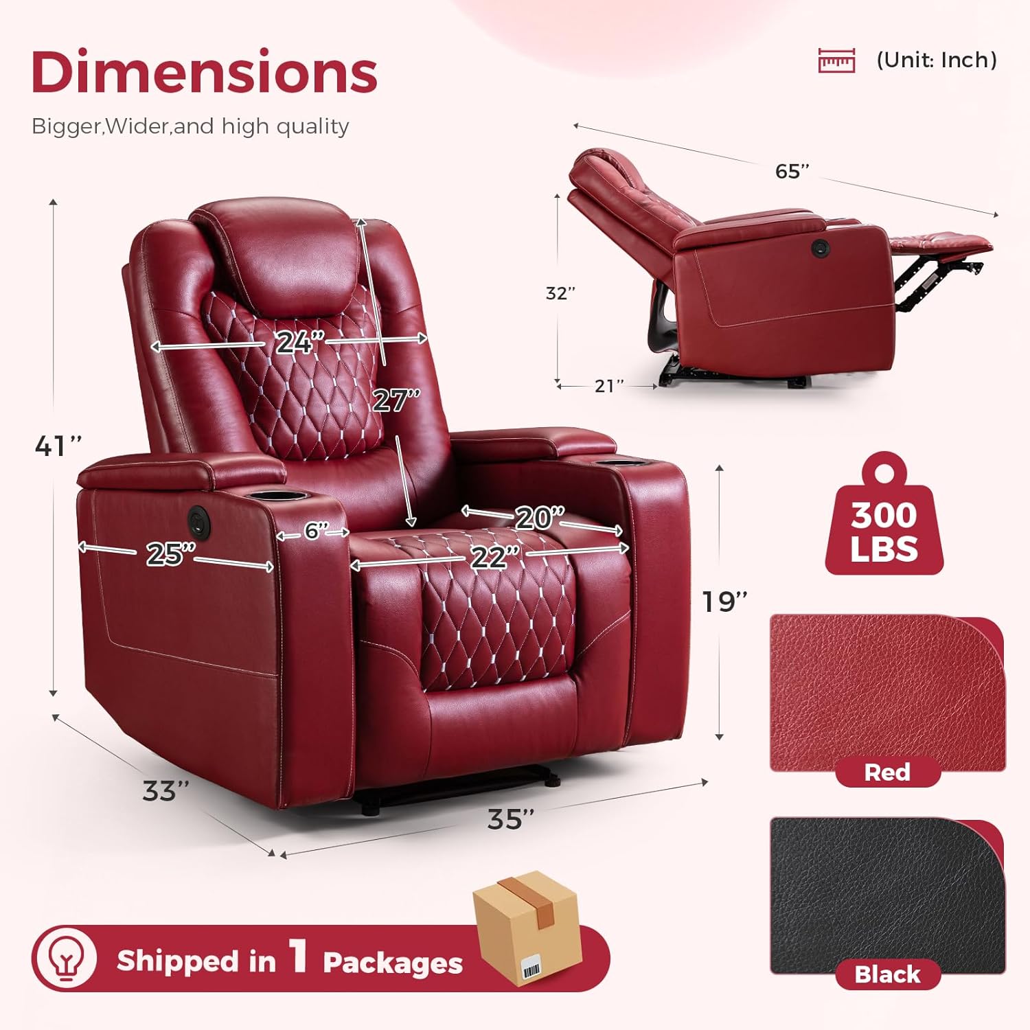 ANJ Power Recliner Chair Set of 3, Electric Soft Faux Leather Reclining Home Theater Seating - USB Ports, Cup Holders, Hidden Arm Storage Movie & Media Room Chairs (Red)