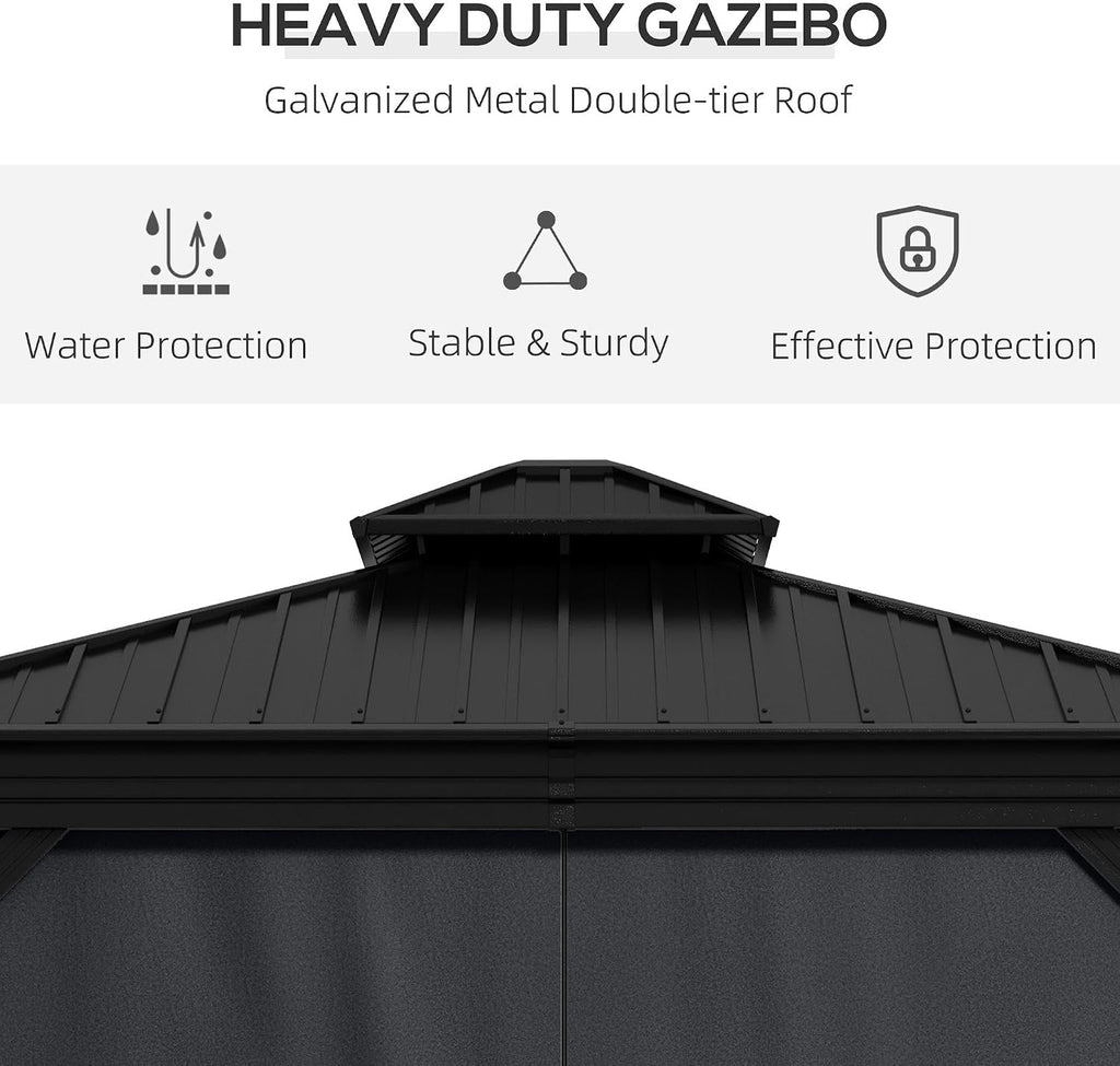 Outsunny 10' x 12' Hardtop Gazebo with Curtains and Netting, Permanent Pavilion Metal Double Roof Gazebo Canopy with Aluminum Frame and Hooks, for Garden, Patio, Backyard, Dark Gray