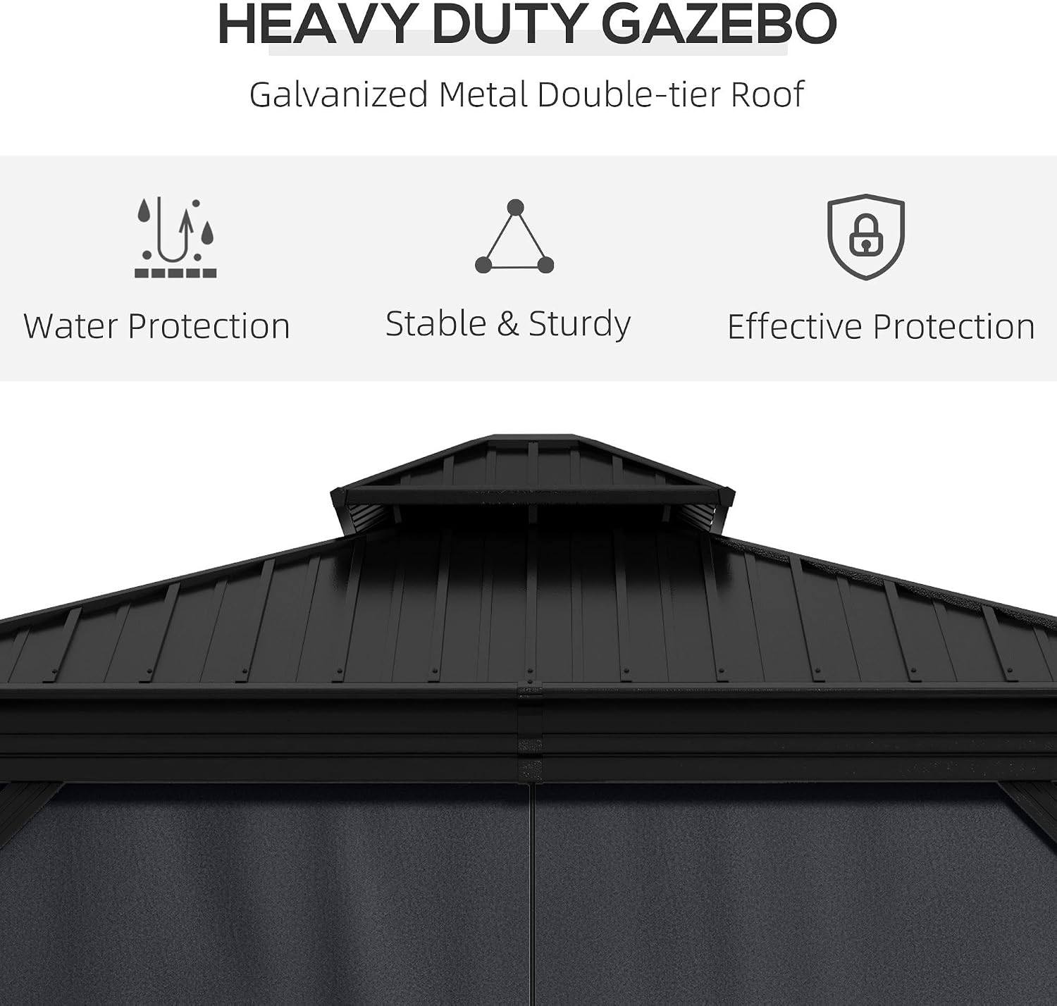 Outsunny 10' x 12' Hardtop Gazebo with Curtains and Netting, Permanent Pavilion Metal Double Roof Gazebo Canopy with Aluminum Frame and Hooks, for Garden, Patio, Backyard, Dark Gray