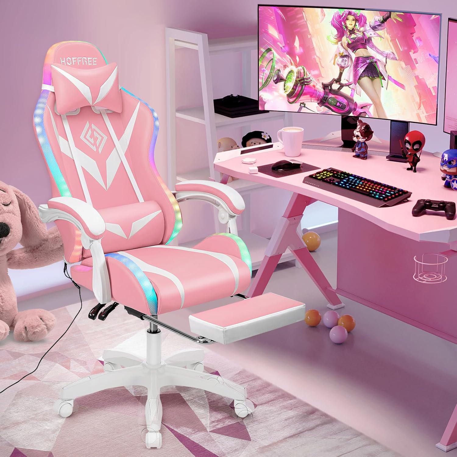RGB Gaming Chair with LED Lights Massage Ergonomic Video Game Chairs with Footrest High Back Reclining Computer Chair with Lumbar Support Adjustable Footrest Pink and White