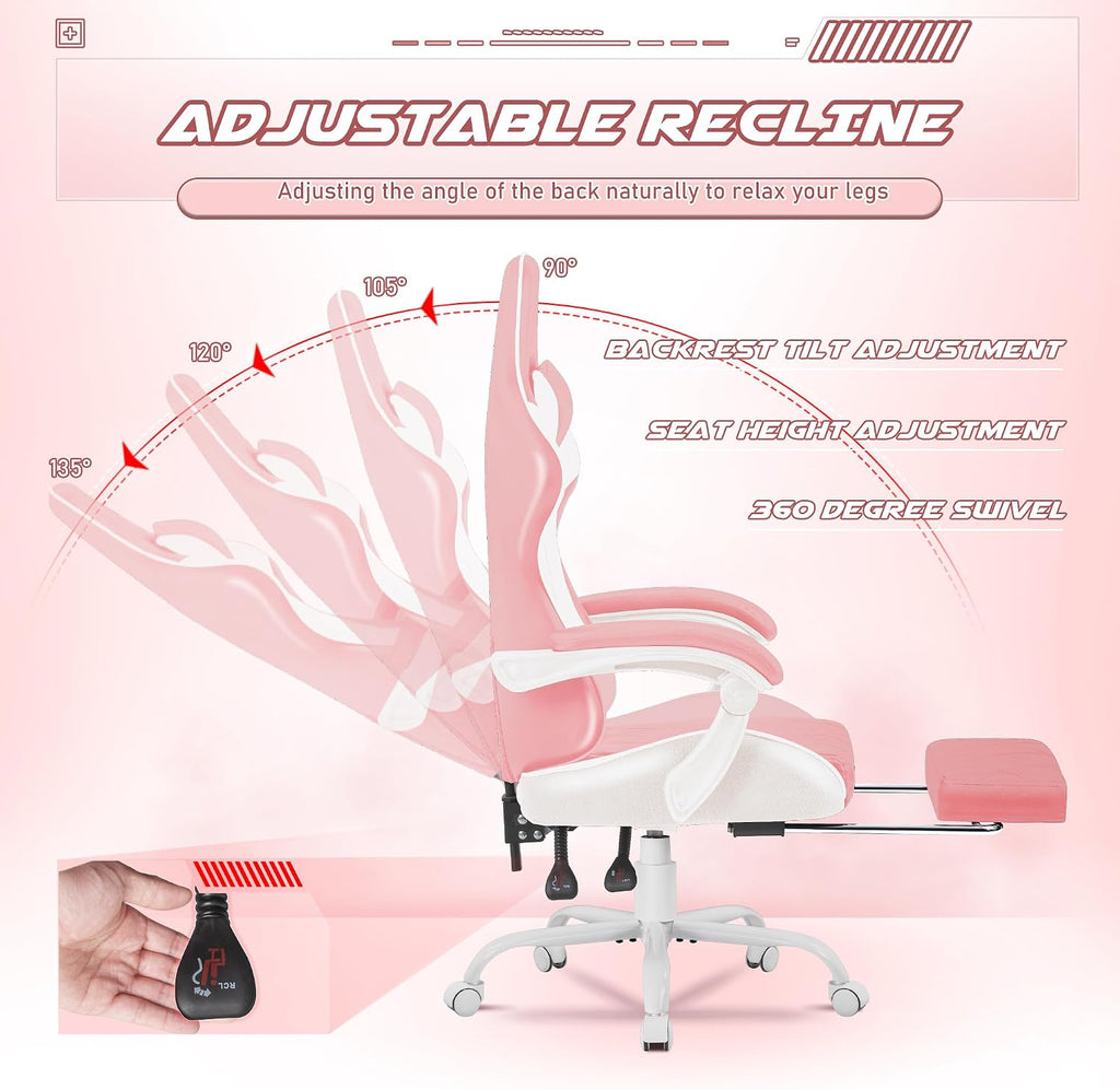 Homall Gaming Chair, Computer Chair with Footrest and Massage Lumbar Support, Ergonomic High Back Video Game Chair with Swivel Seat and Headrest (Pink)