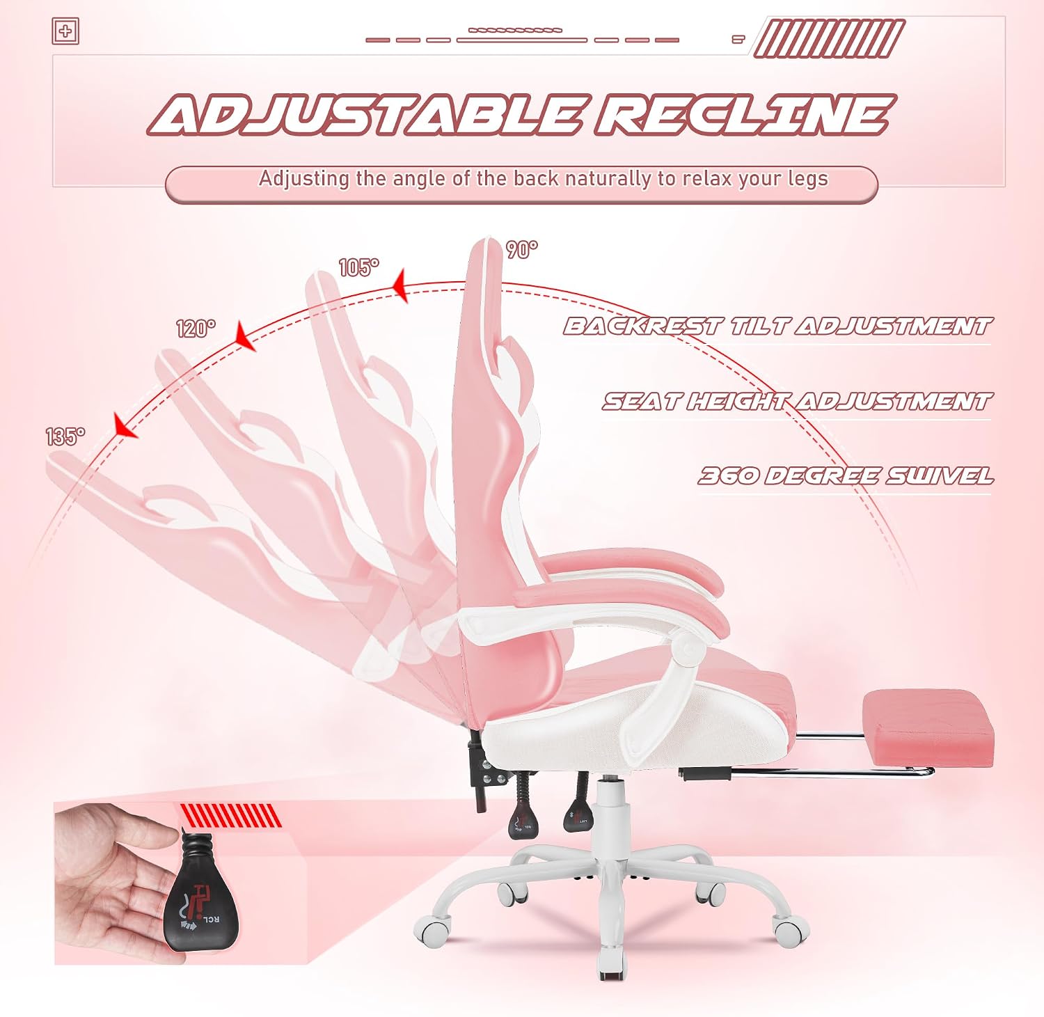 Homall Gaming Chair, Computer Chair with Footrest and Massage Lumbar Support, Ergonomic High Back Video Game Chair with Swivel Seat and Headrest (Pink)