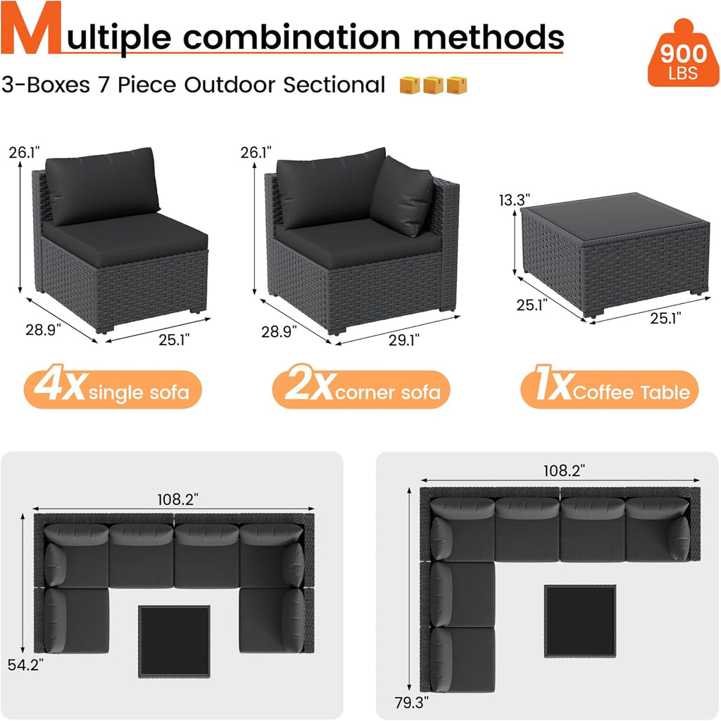 Patio Furniture Set, 7-Piece Outdoor Sectional All-Weather Wicker Patio Conversation Set for Backyard, Poolside, Garden, Black
