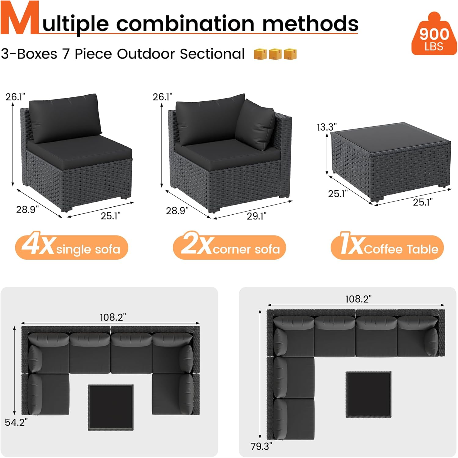 Patio Furniture Set, 7-Piece Outdoor Sectional All-Weather Wicker Patio Conversation Set for Backyard, Poolside, Garden, Black