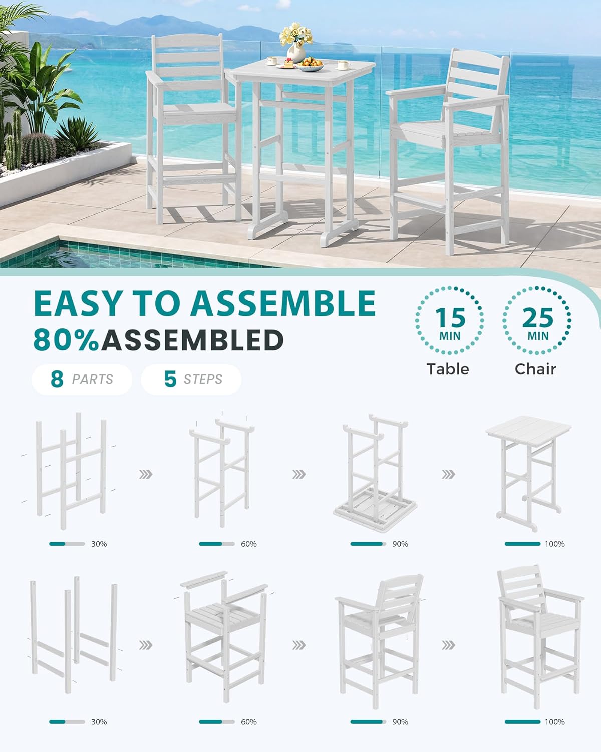 SERWALL 4 Pieces Outdoor Patio Bar Set with 9ft Umbrella, Outdoor HDPE Barstool and Table Furniture Set with Patio Umbrella, White