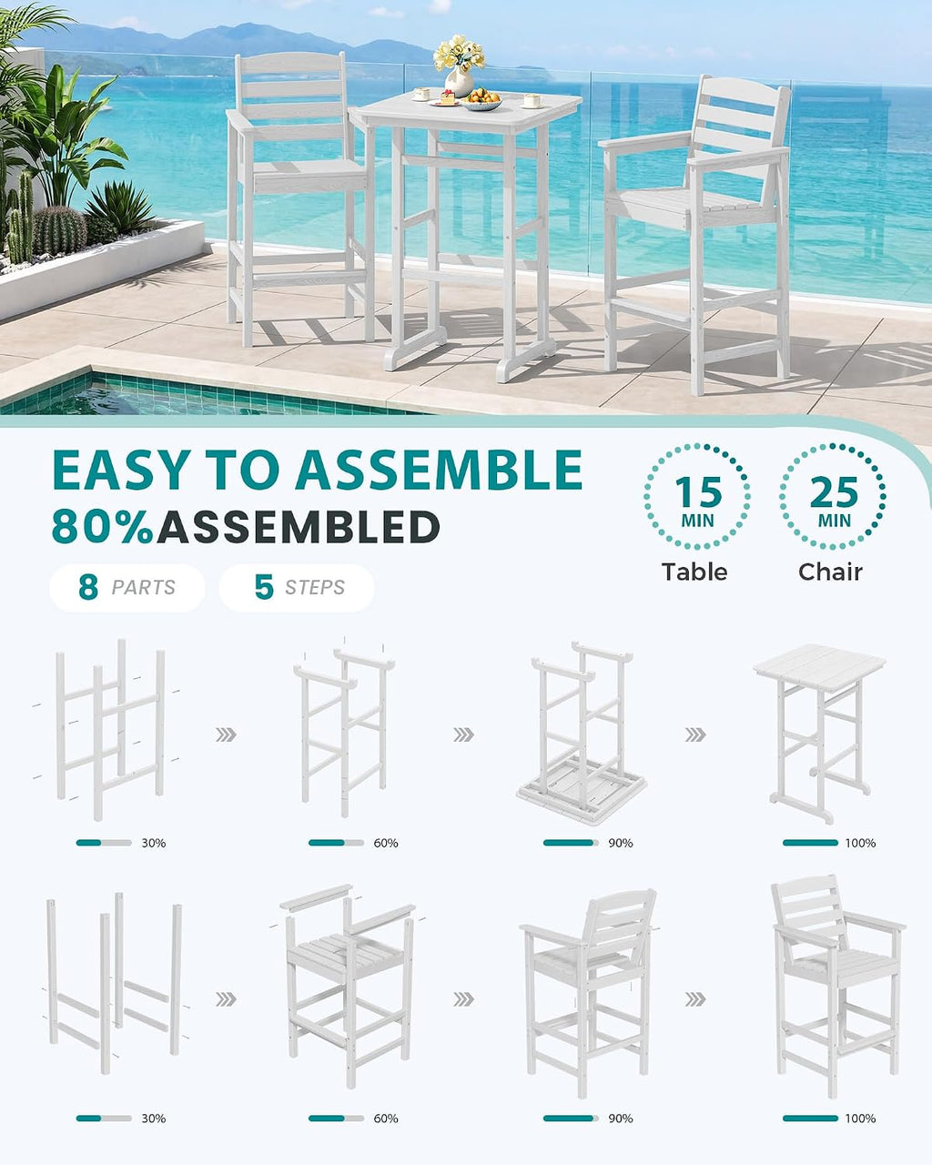 SERWALL 6 Pieces Outdoor Patio Bar Set with 9ft Umbrella, Outdoor HDPE Barstool and Table Furniture Set with Patio Umbrella, White