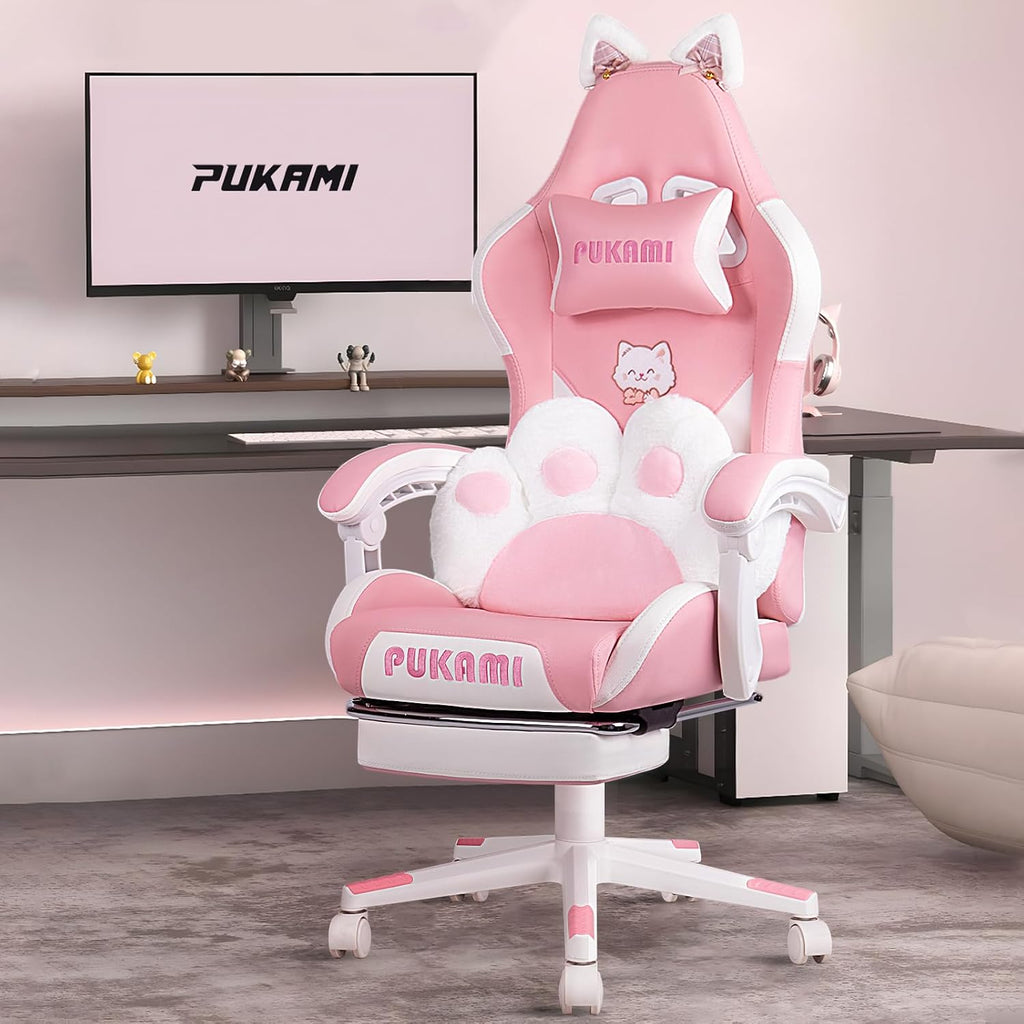 PUKAMI Pink Gaming Chair Cute with Cat Ears and Cat Paw Lumbar Cushion, Ergonomic Computer Chair for Girl with Footrest and Headrest, Comfortable Reclining PC Game Chair for Adult, Teen (Pink)