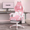 PUKAMI Pink Gaming Chair Cute with Cat Ears and Cat Paw Lumbar Cushion, Ergonomic Computer Chair for Girl with Footrest and Headrest, Comfortable Reclining PC Game Chair for Adult, Teen (Pink)