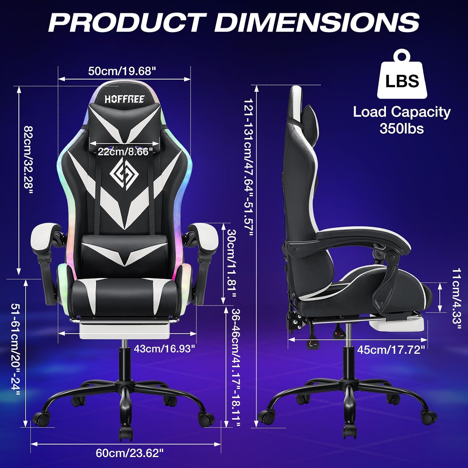 HOFFREE Gaming Chair with LED RGB Lights Massage Ergonomic Video Game Chairs with Footrest High Back Reclining Computer Chair with Adjustable Lumbar Support White and Black