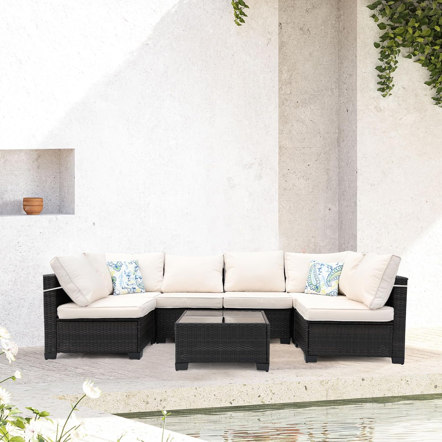 7 Pieces Patio Furniture Set (Brown/Beige), All-Weather Rattan Outdoor Sectional Sofa Set with Anti-Slip Cushions and 2 Pillows, Perfect for Deck, Garden, Lawn