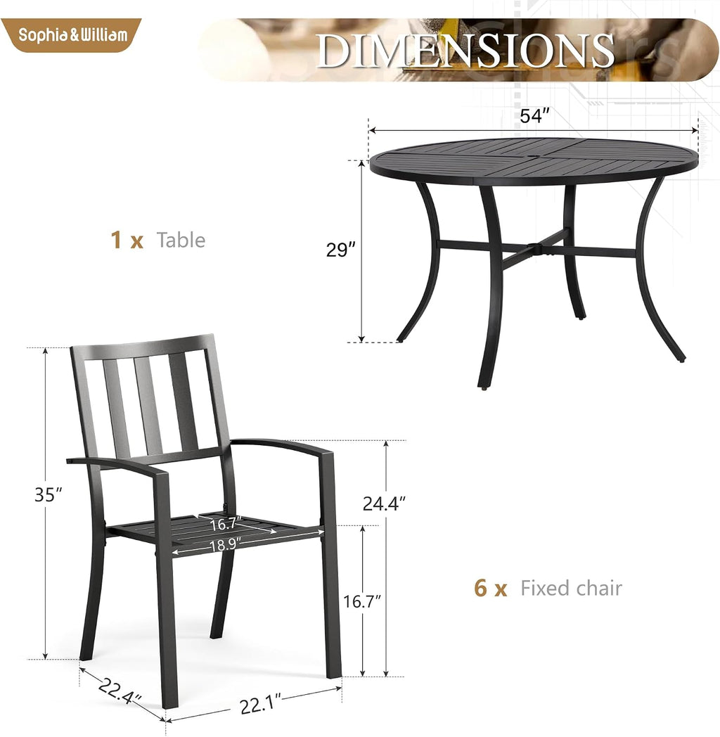 Sophia & William Round Patio Table and Chairs Set, Outdoor Dining Set for 6, 7 Piece Metal Patio Furniture, 54' Black Table(Stripe)