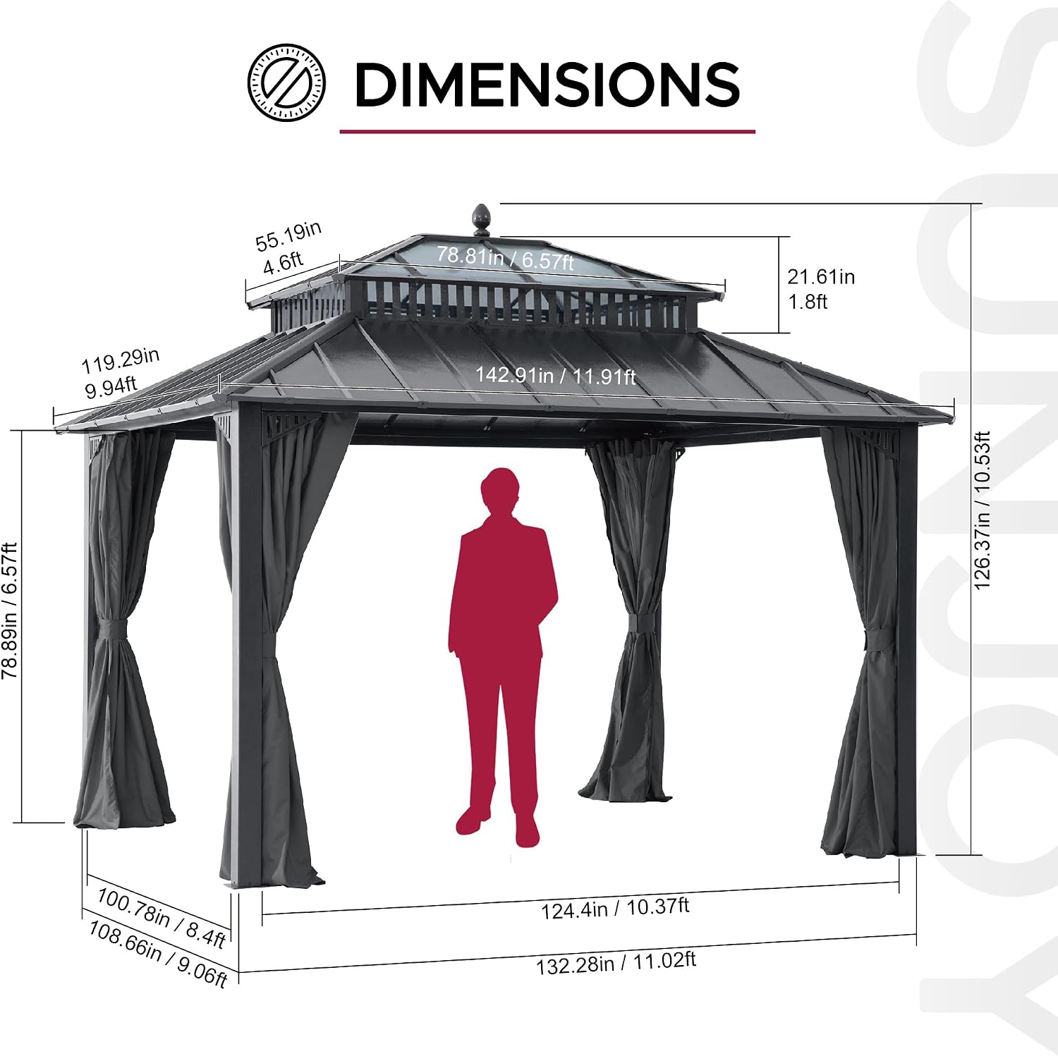 SUNJOY Kingston 12' x 10' Hardtop Gazebo with Galvanized Steel/Polycarbonate Double Roof, Curtain and Netting, Gray Aluminum Posts Permanent Pavilion Gazebo for Garden, Patio, Deck, Lawn