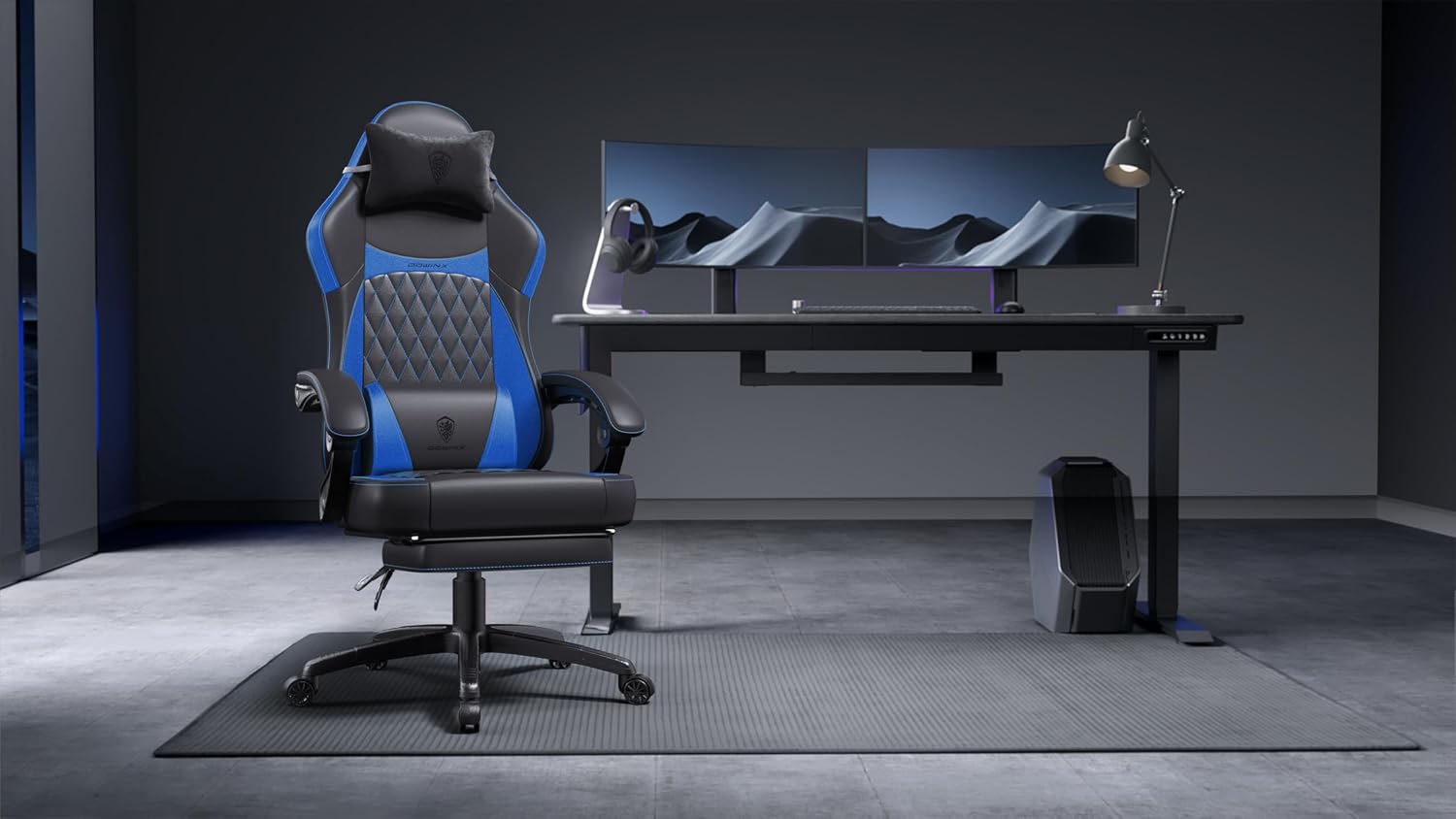 Dowinx Gaming Chair with Pocket Spring Cushion, Ergonomic Computer Chair with Massage Lumbar and Footrest for Adults, High Back Game Chair Leather for Office Gaming 300LBS, Blue New