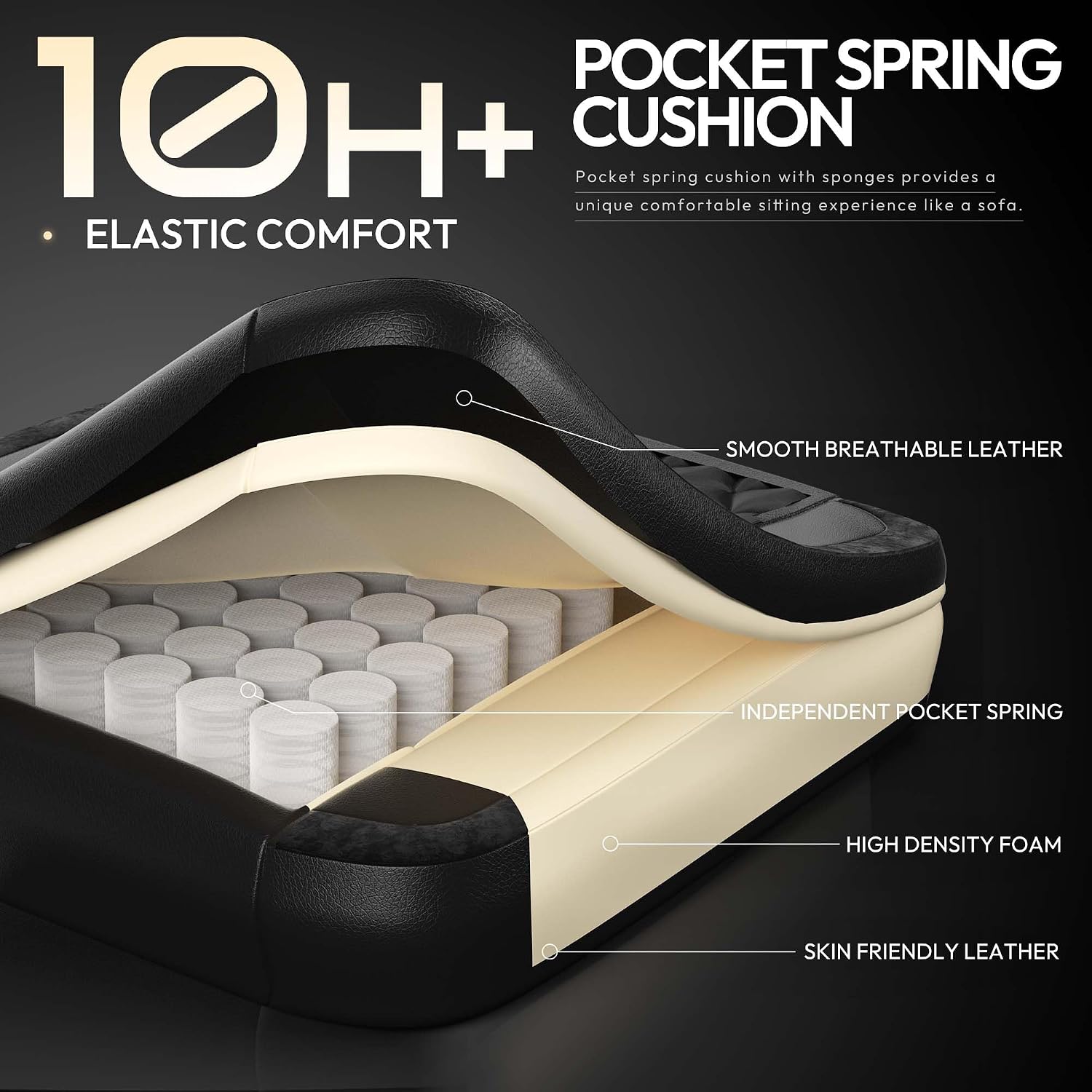 Dowinx Gaming Chair with Pocket Spring Cushion, Ergonomic Computer Chair with Massage Lumbar and Footrest for Adults, High Back Game Chair Leather for Office Gaming 300LBS, All White (Black)