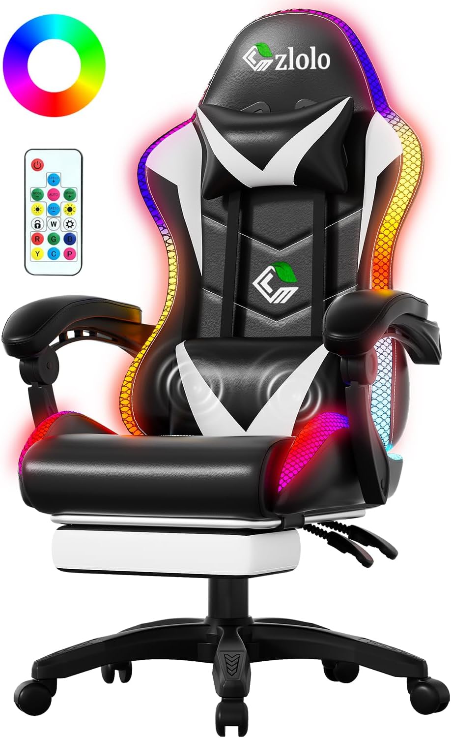 Czlolo Gaming Chair, RGB LED Lights Computer Chair with Footrest, Lumbar Support Massager Gamer Chair, High Back, 90-135° Reclining, Linkage Armrests, White