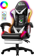 Czlolo Gaming Chair, RGB LED Lights Computer Chair with Footrest, Lumbar Support Massager Gamer Chair, High Back, 90-135° Reclining, Linkage Armrests, White