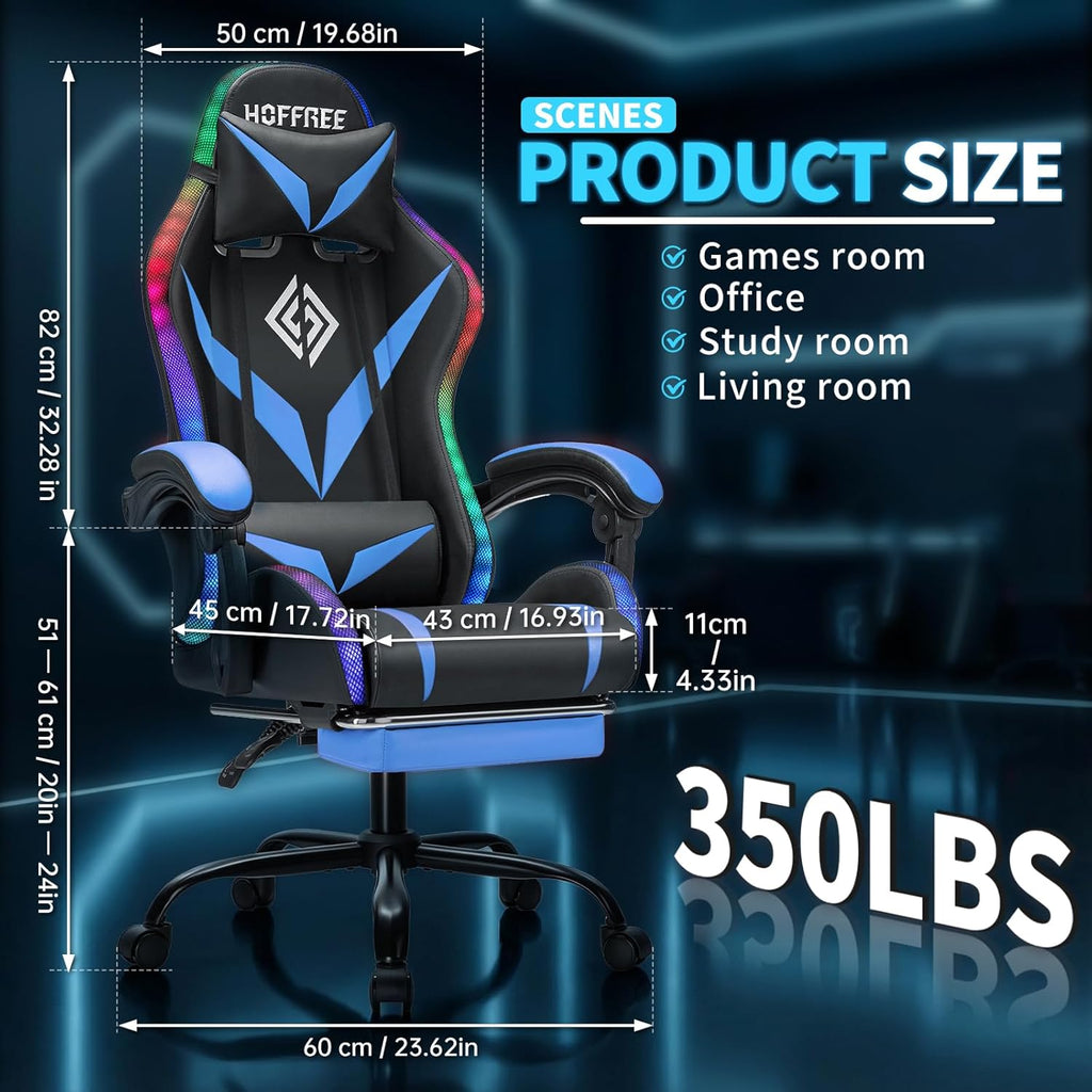 RGB Gaming Chair with Massage and LED Lights Ergonomic Video Game Chairs with Footrest High Back Reclining Computer Chair with Adjustable Lumbar Support Blue and Black
