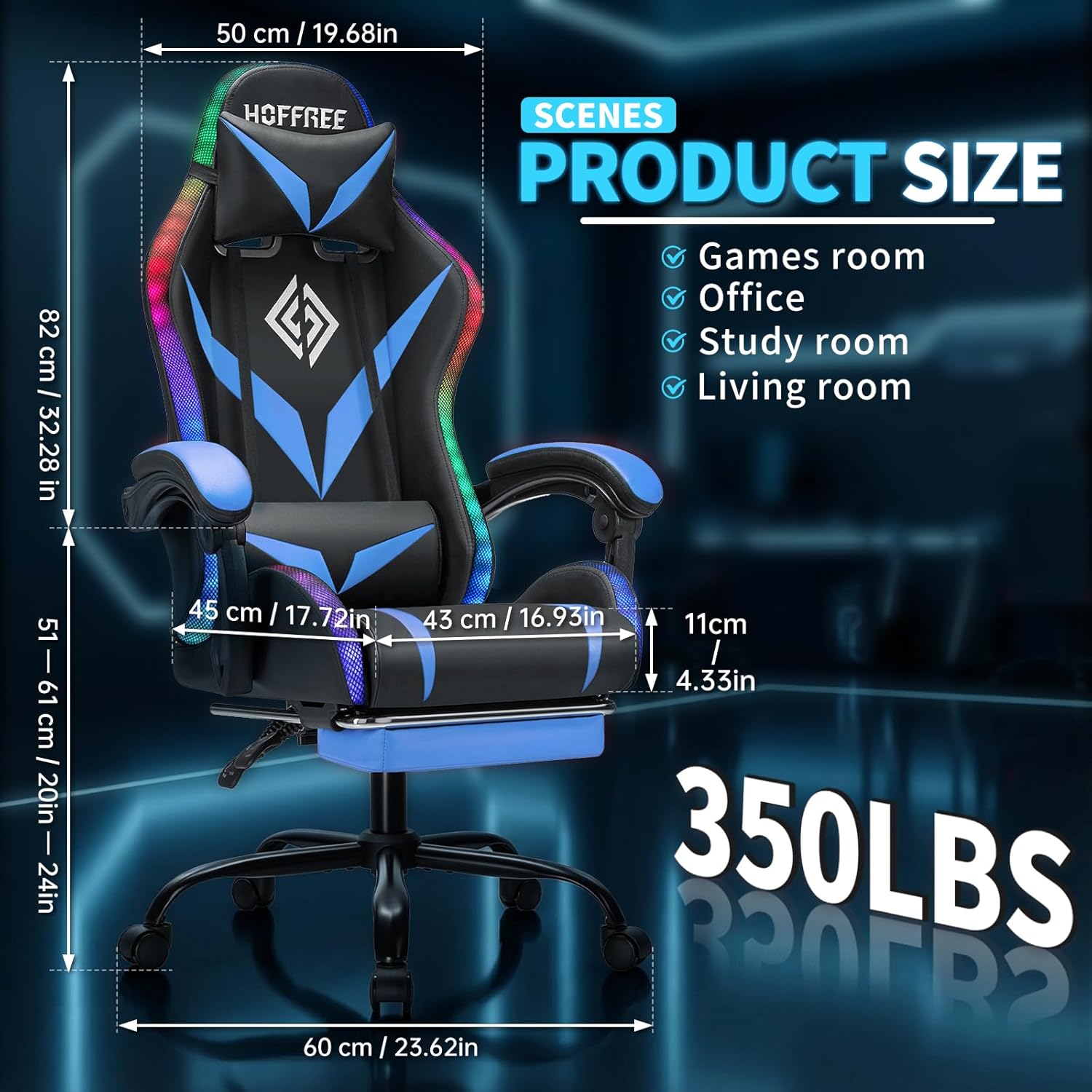 RGB Gaming Chair with Massage and LED Lights Ergonomic Video Game Chairs with Footrest High Back Reclining Computer Chair with Adjustable Lumbar Support Blue and Black