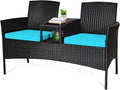 COSTWAY 2-Seat Patio Conversation Sets, Outdoor Patio Loveseat Set with Removable Cushions & Built-in Coffee Table for Backyard, Garden, Lawn, Balcony, Black+Turquoise