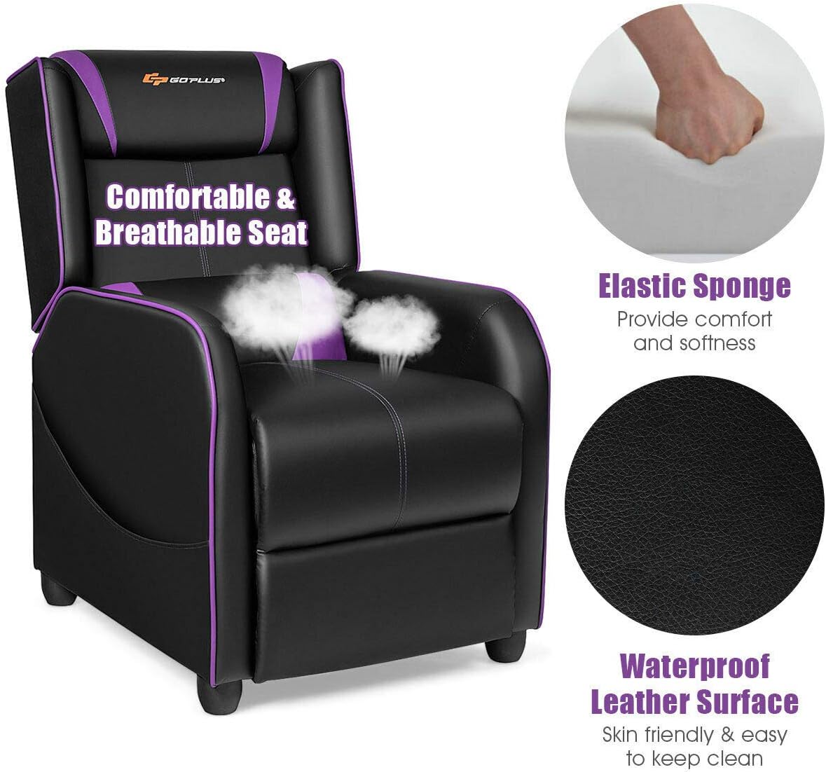 Goplus Massage Gaming Recliner Chair, Racing Style PU Leather Single Recliner Sofa with Footrest, Adjustable Modern Living Room Recliners, Ergonomic Home Theater Recliner Seat
