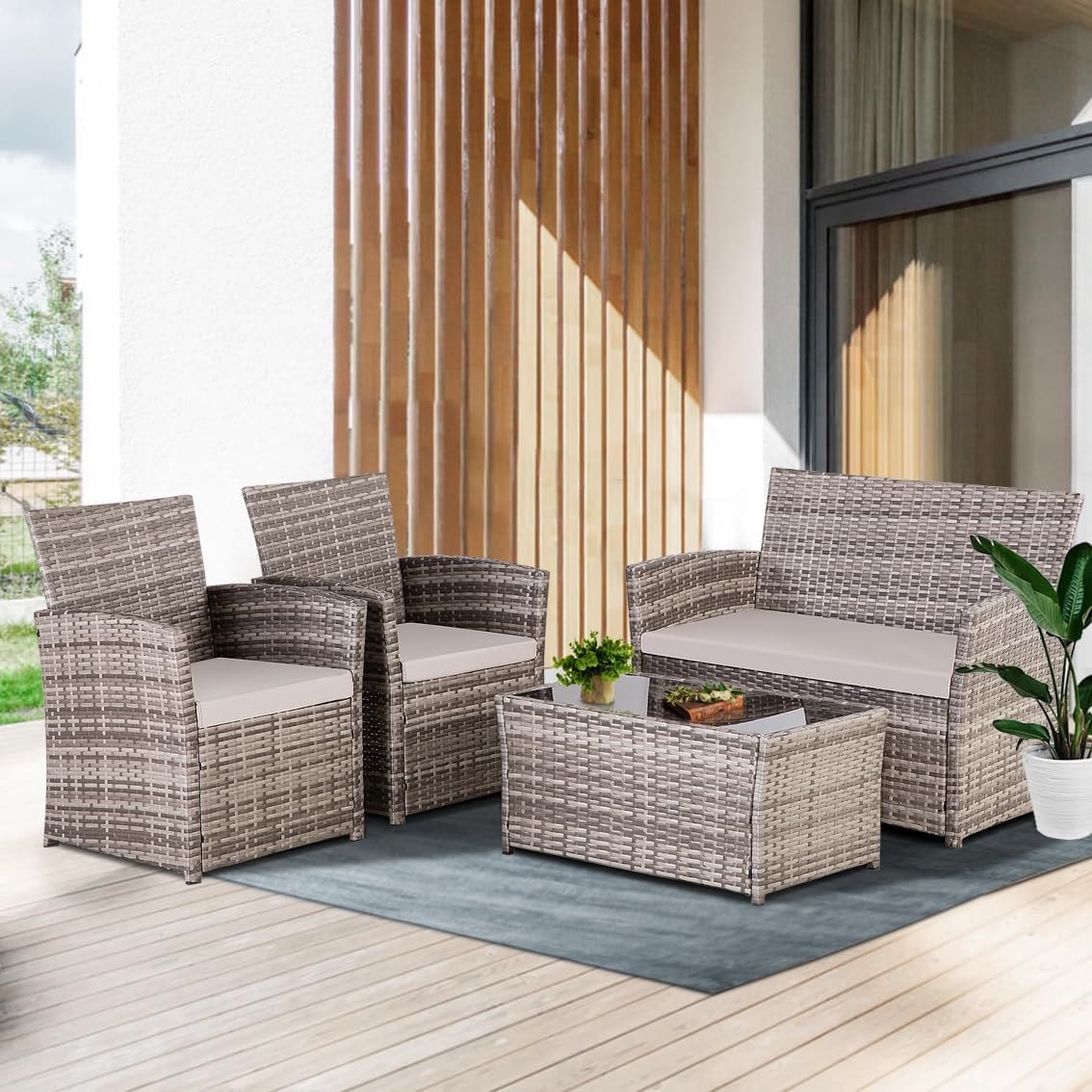FHFO 4 Piece Outdoor Patio Furniture Sets, Wicker Sectional Conversation Sofa Set, Rattan Table and Chairs and Loveseat with Cushions for Outside Balcony Porch Backyard (Gray-Gray)
