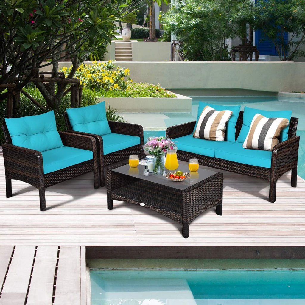 COSTWAY 4-Piece Patio Furniture Set, Sectional Wicker Rattan Sofa Chair with Cushion, Loveseat, Coffee Table with Tempered Glass and Shelf, Outdoor Conversation Sets for Poolside Porch (Turquoise)