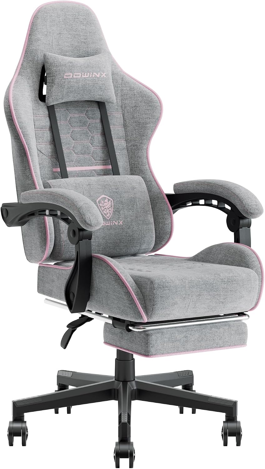 Dowinx Gaming Chair with Pocket Spring Cushion, Computer Office Game Chair, Linkage Armrests and Footrest, High Back Ergonomic Computer Chair with Lumbar Support Task Chair with Footrest(Pink)