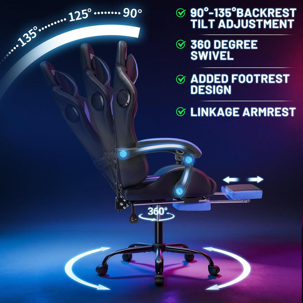 HOFFREE RGB Gaming Chair with Speakers and Massage Ergonomic Computer Chair with Lights and Footrest Reclining Video Game Chairs for Adults Blue and Black