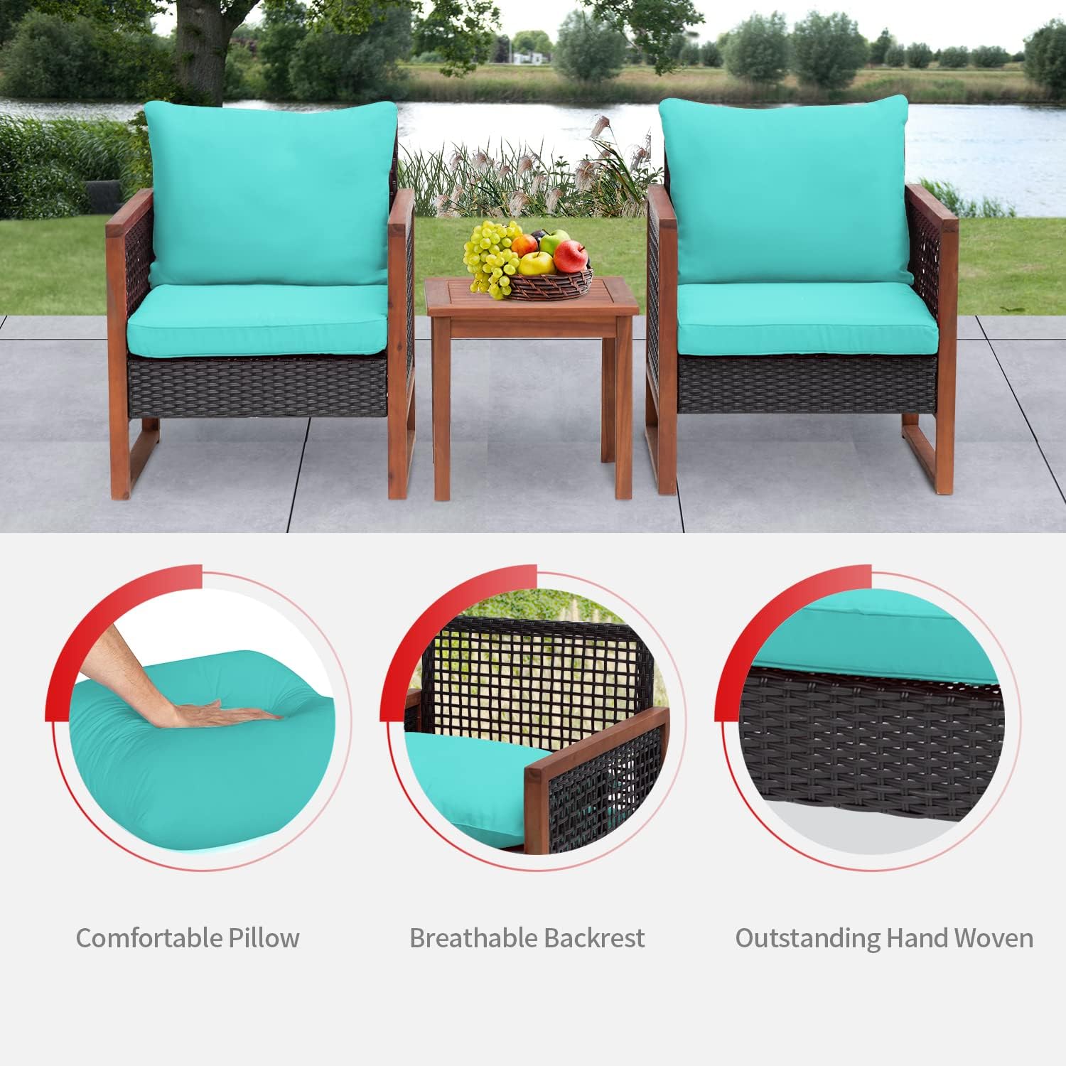 FDW 3-Piece Patio Bistro Set Acacia Wood Outdoor Chat Conversation Table Chair Set Outdoor Wood Chat Set with Water Resistant Cushions and Coffee Table for Beach Backyard Garden,Blue Cushion