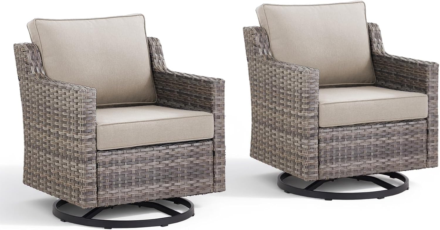 Outdoor Swivel Rocker Patio Chairs-High Back Wicker Swivel Rocker Patio Chairs Set of 2,PE Wicker Chair Patio Furniture Sets with Covered Cushions for Porch Balcony Patio Deck Grey/Beige