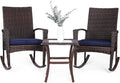 Niubya 3 Piece Wicker Rocking Chair Patio Furniture Sets, Outdoor Wicker Bistro Rattan Chair Conversation Sets with Cushions and Coffee Table, Navy and Brown