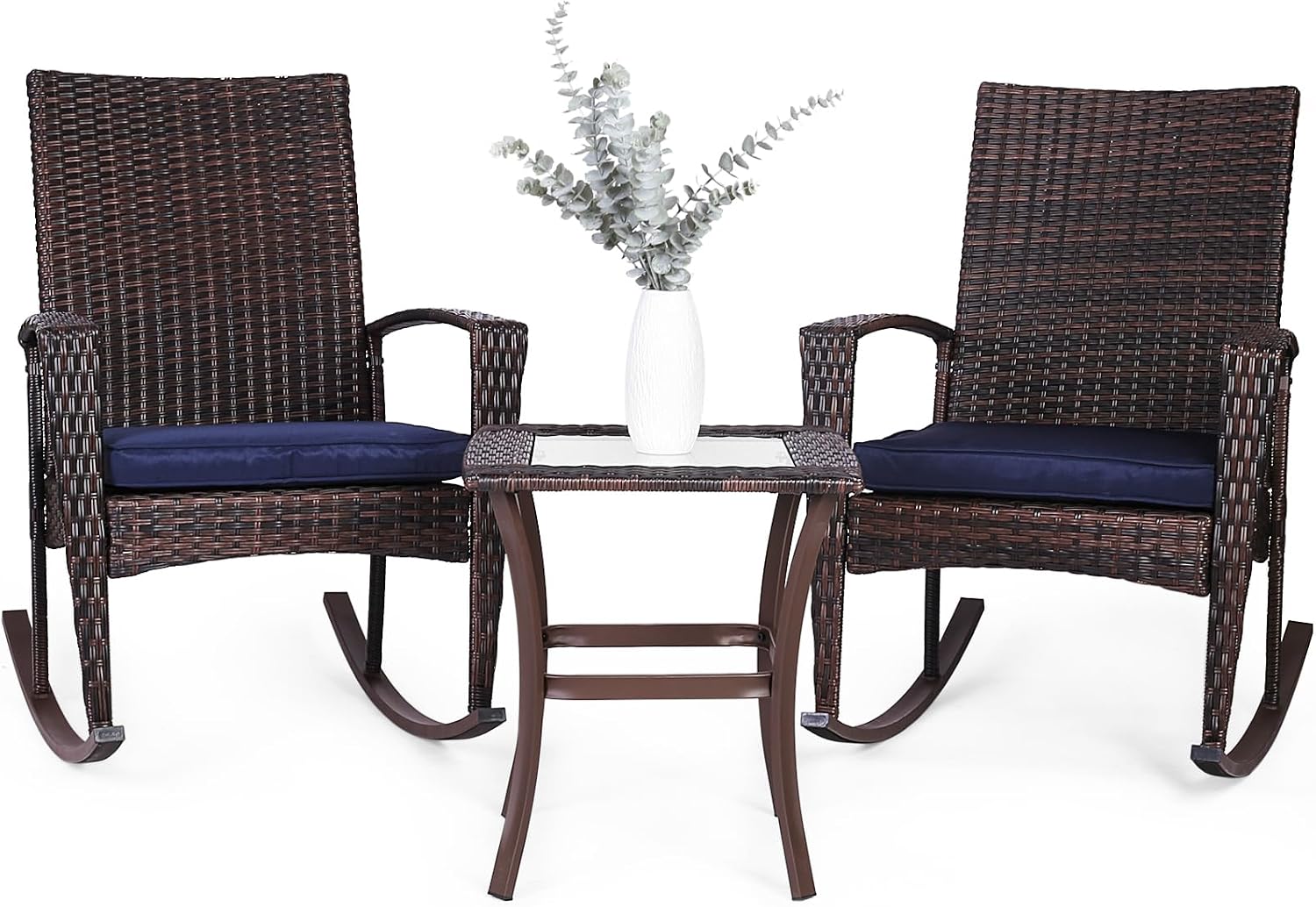 Niubya 3 Piece Wicker Rocking Chair Patio Furniture Sets, Outdoor Wicker Bistro Rattan Chair Conversation Sets with Cushions and Coffee Table, Navy and Brown