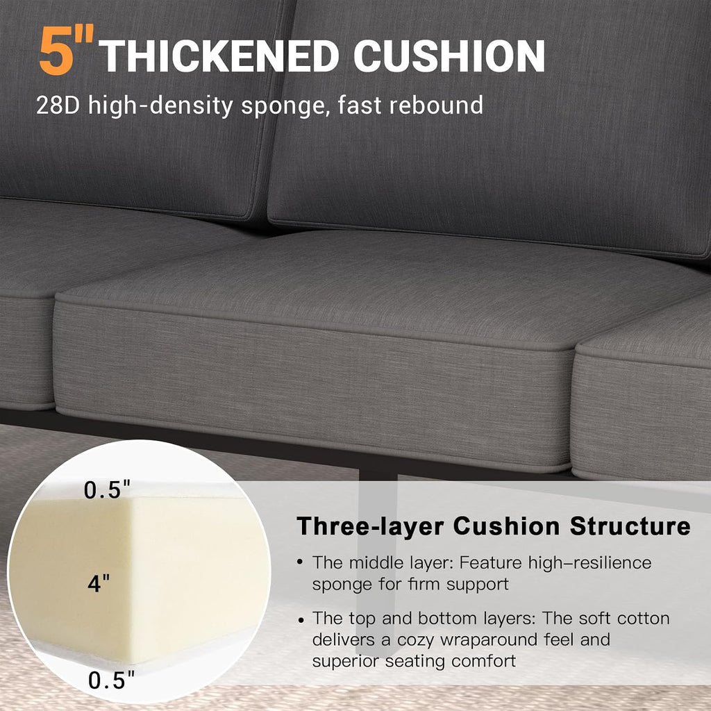 Outdoor Couch Aluminum Patio Furniture Set, All-Weather Metal 3-Seat Sofa with Solid Teak Armrest and Thick Cushions, Dark Gray