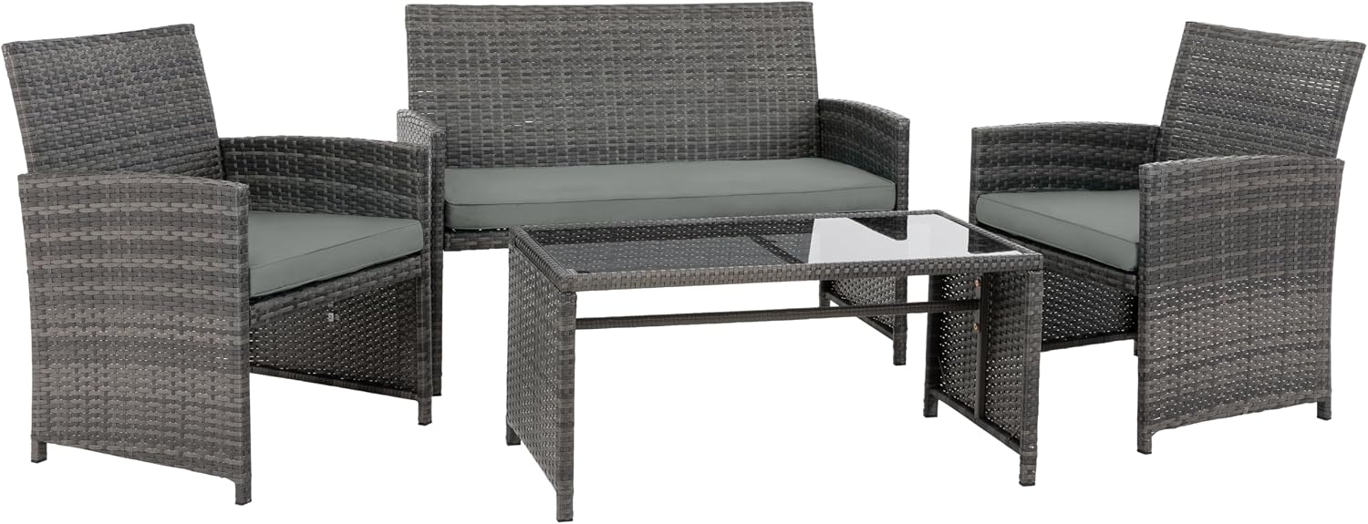 4 Piece Patio Ratten Set Outdoor Furniture Set Wicker Conversation Set with Cushions and Tempered Glass Tabletop,Grey