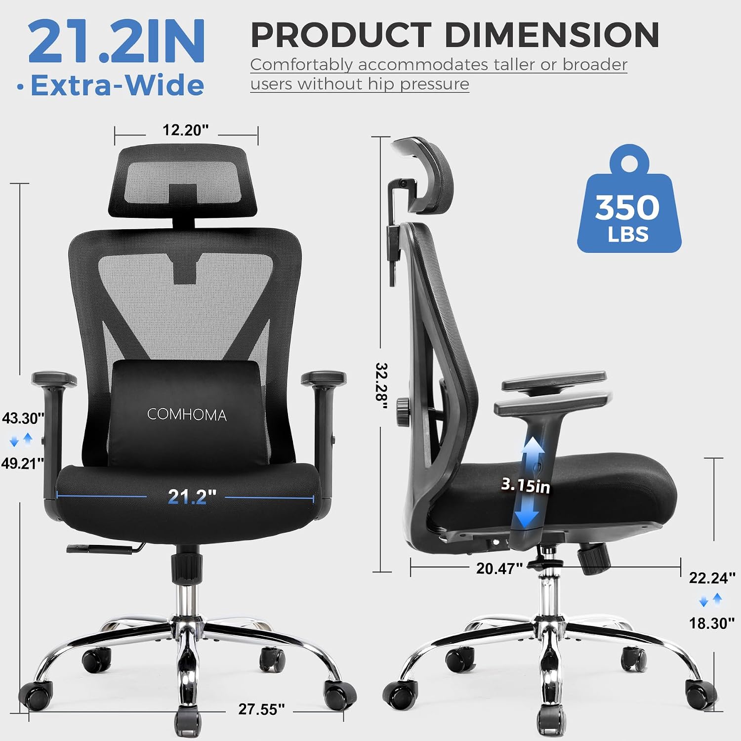 COMHOMA Office Chair Ergonomic Big and Tall Gaming Chair 350 LBS with 3D Adaptive Lumbar Support & Headrest, High Back Swivel Mesh Desk Chair Comfy for for Long Hours Work, ErgoFlex-P26, Black