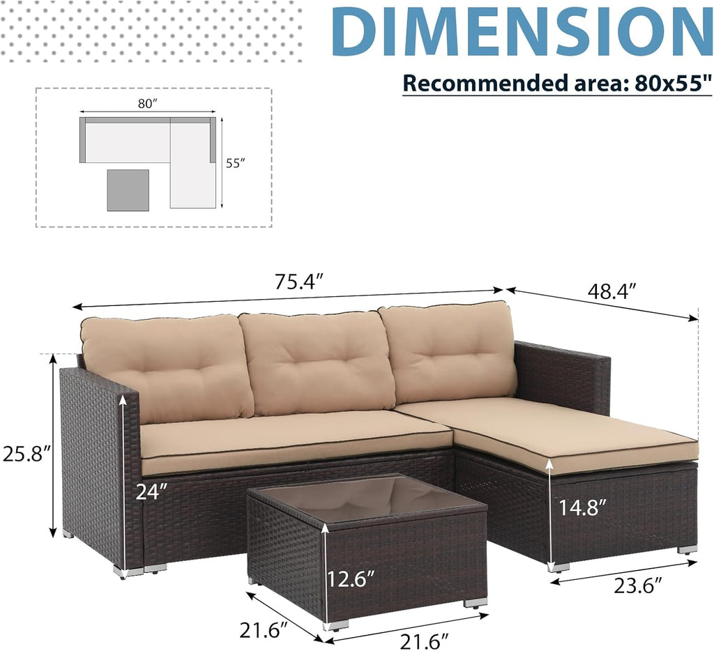 JOIVI Outdoor Patio Furniture Set, Wicker Patio Conversation Set with Tempered Glass Coffee Table, All-Weather Rattan Furniture Small Sectional Sofa Set, L-Shaped Outdoor Seating with Cushions, Brown