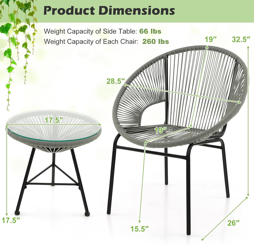Tangkula 3 Piece Outdoor Patio Furniture Set, Acapulco Chair Set w/Plastic Rope, Tempered Glass Table, All Weather Patio Bistro Set for Patio, Lawn, Garden, Backyard (Grey)