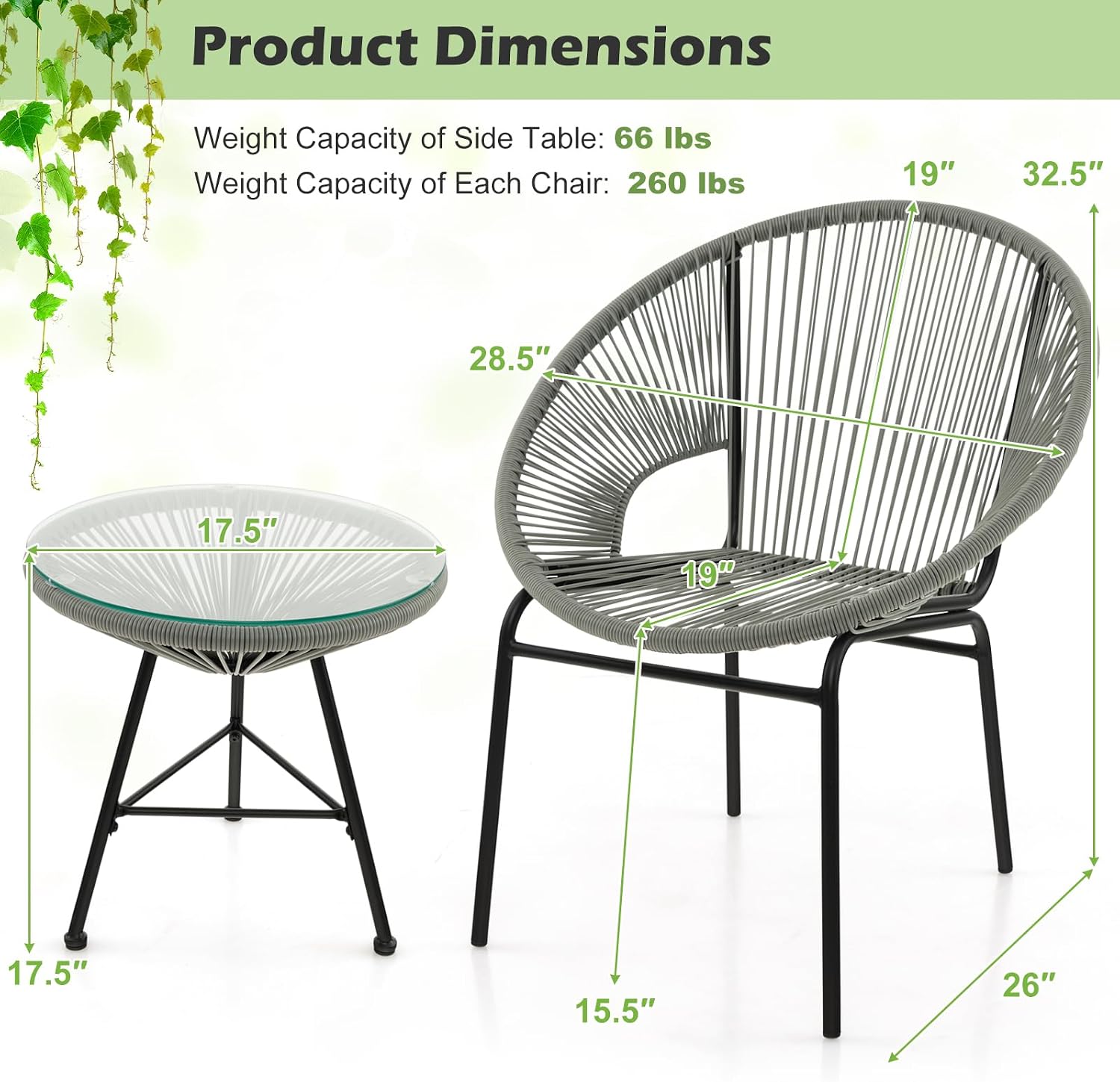 Tangkula 3 Piece Outdoor Patio Furniture Set, Acapulco Chair Set w/Plastic Rope, Tempered Glass Table, All Weather Patio Bistro Set for Patio, Lawn, Garden, Backyard (Grey)