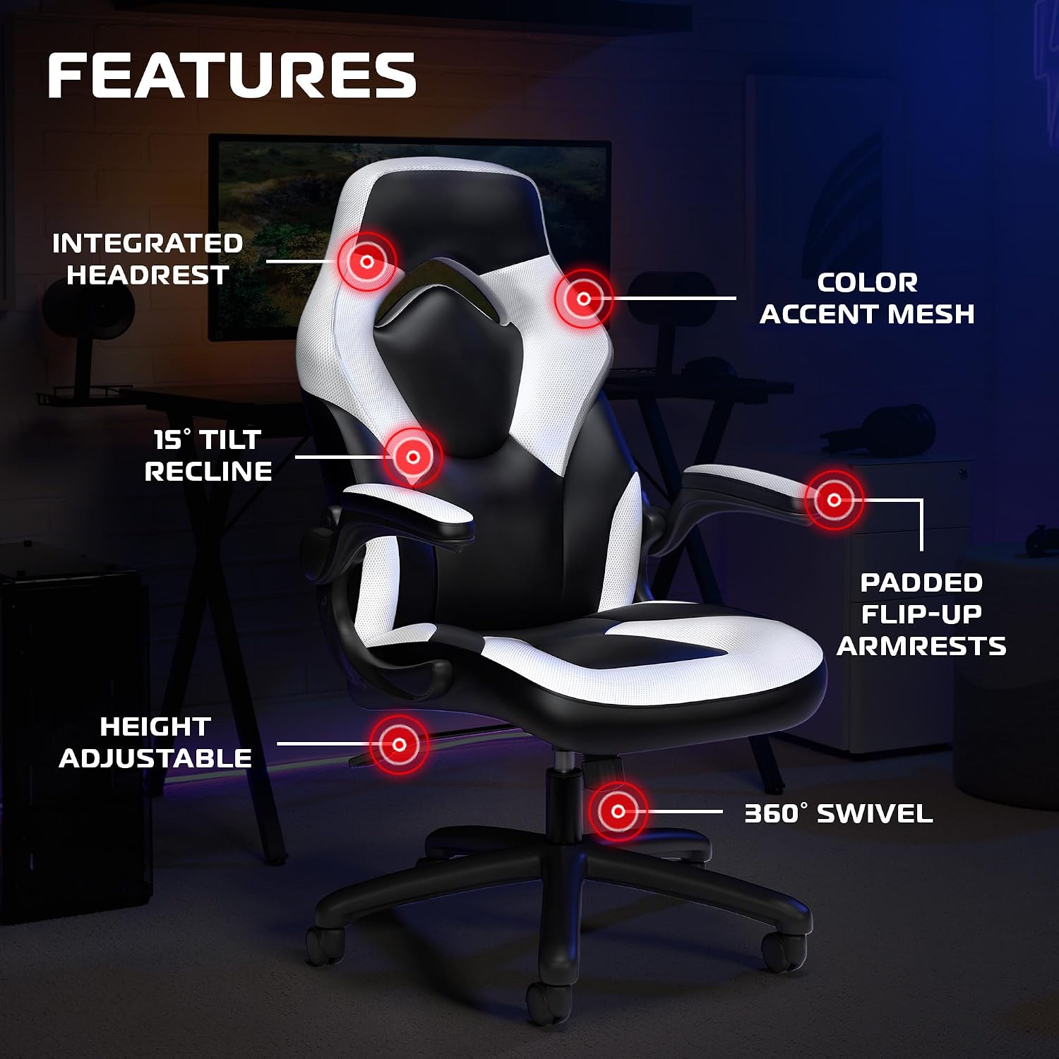 RESPAWN 3085 Ergonomic Gaming Chair for Adults, High Back Office Chair with Headrest and Flip Up Arms, Leather Racing Style Gaming Seat with Lumbar Support, Video Game Computer Desk Seat - White